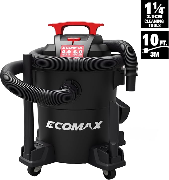 ECOMAX Wet Dry Vacuum 6 Gallon, 4 HP 85 CFM 3-in-1 Shop Vac with Suction/Blow/Wet Dry Function, Heavy-Duty Portable Poly Wet/Dry Vac Car Vacuum for Workshop, Jobsite, Garage and Home Cleaning
