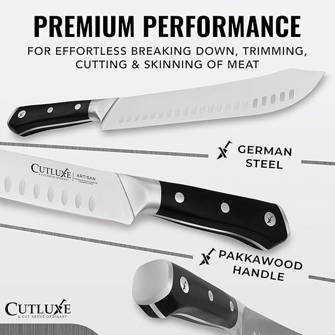 Cutluxe Butcher Knife Set ??Cimeter Breaking & Bullnose Carving Knives for Meat Cutting ??Professional Knife Set, Razor Sharp German Steel,Full Tang, Ergonomic, Butcher Knives for BBQ ??Artisan Series