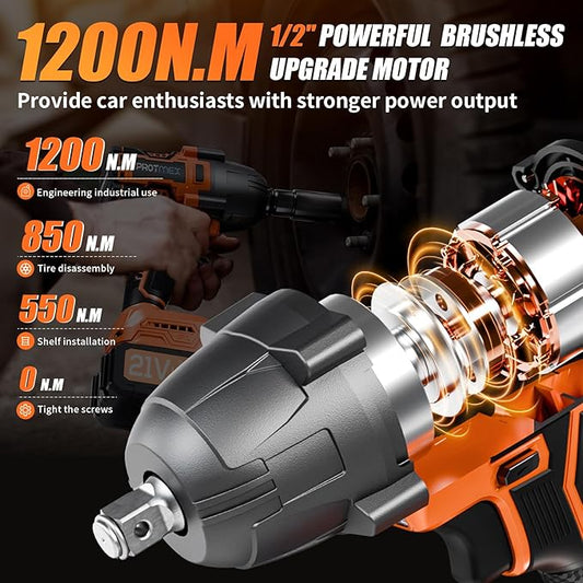Cordless Impact Wrench, 900Ft-lbs (1200N.m) 1/2" Brushless Impact Gun, 21V High Torque Power Impact Driver, 2x4.0Ah Batteries Electric Impact Motor Variable Speeds for Car/Pickup Truck/Mower