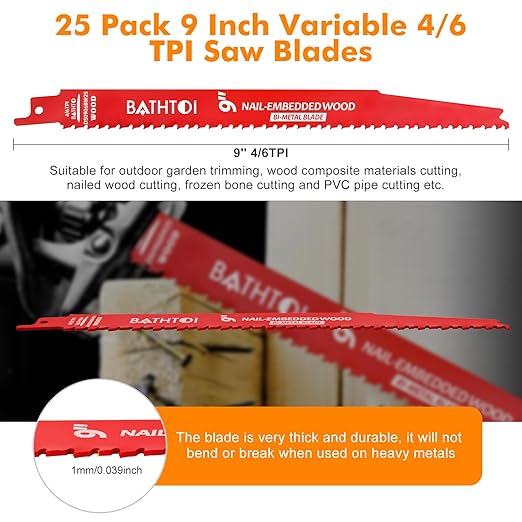 25 Pack 9 Inch 4/6 Tpi Reciprocating Saw Blades for Wood and Nail-Embedded Wood Cutting, Bi-Metal Sawzall Blades with 8% Cobalt for Longer Life and Faster Cutting Speed