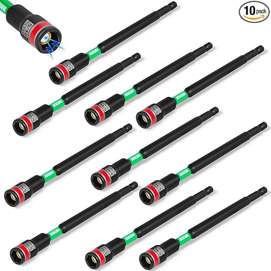 Impact Nut Driver Set, 10 Pieces 6?쒵ong 5/16?? Point Alloy Steel Magnetic SAE Nut Setter Set Use For Require Installing 1/4 Hex Shank Impact Driver with Case Box