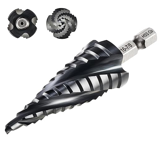 ZELCAN 12 Sizes M35 Cobalt Step Drill Bit, 3/16" to 7/8" Four Spiral Flute Step Drill Bit for Metal, Titanium-Coated HSS Step Bit with 1/4" Hex Shank for Stainless Steel Aluminum Copper Wood Plastic