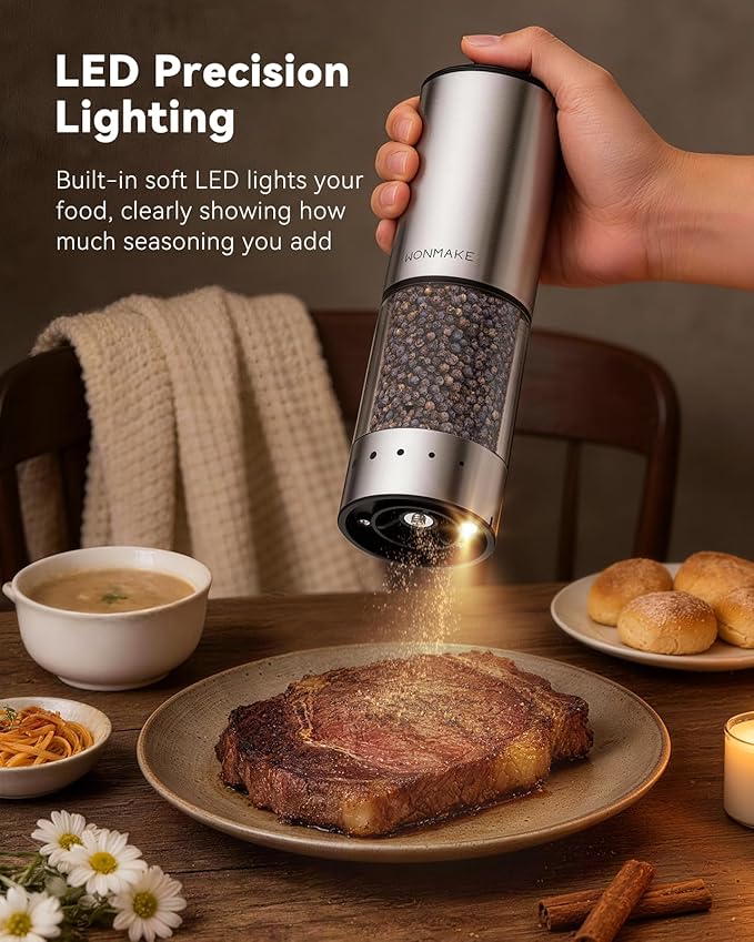 Electric Salt and Pepper Grinder Set, Stainless Steel Salt and Pepper Shakers with Storage Base, Type-C Rechargeable with Power Display, 5 External Coarseness Levels for Easy One-Hand Operation