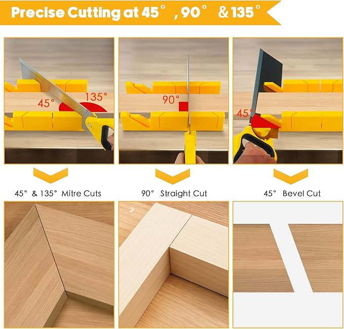4PCS Miter Box and Saw Set, 4.13 × 12-Inch Extra-Wide Mitre Box with 3 Mitre Saws for Heavy-Duty Tasks, Miter Box with Saw Included for Precise Miter and Bevel Cuts Woodworking DIY Crafting
