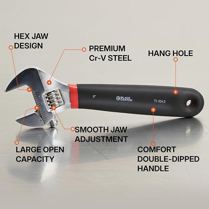 BLACK CANYON 6" Adjustable Wrench, 15/16" Jaw Capacity, Superior Cr-V Steel, Hex Jaw design, Smooth Jaw Adjustment, w/Comfort Grip, Fits home fixes, pipe installation, garage tasks