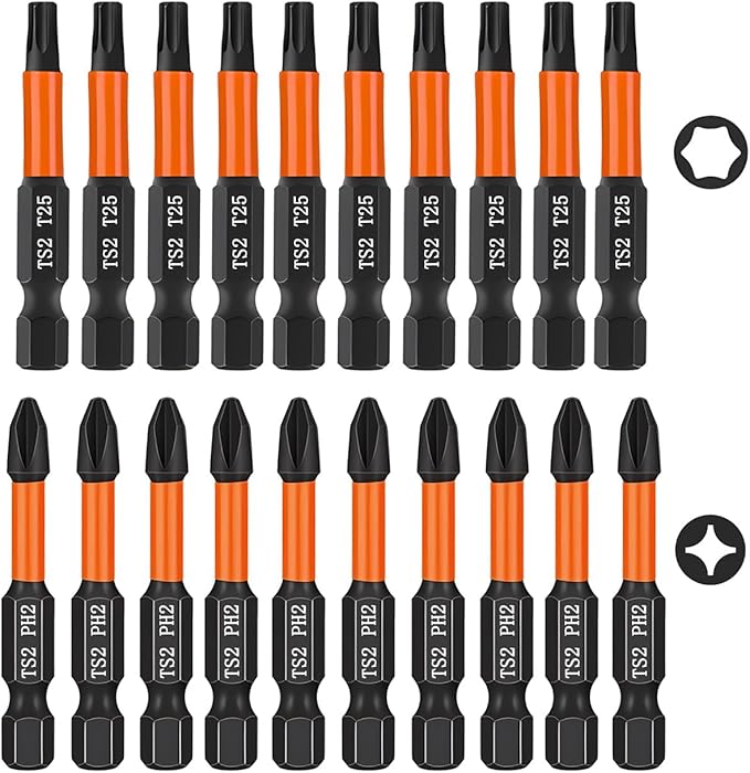 10 Pieces Impact Phillips Bit #2 PH2 Bit and 10 Pieces T25 Torx Bits, Magnetic 2 Phillips Screwdriver Bits and T-25 Star Bits Set, 2 inch Long Impact Driver Bits, 1/4 Hex Shank Screw Driver Bit
