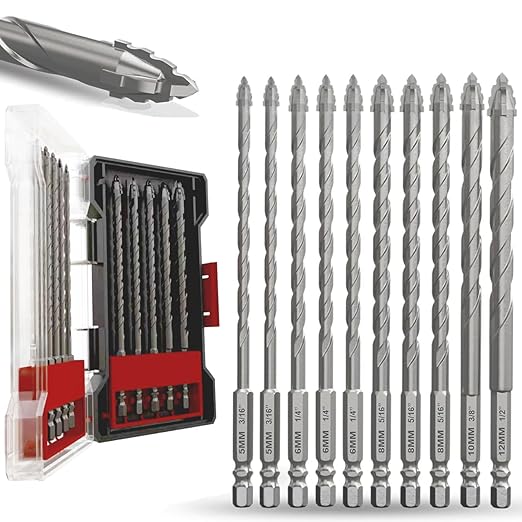 CATITO 10 PCS Masonry Drill Bit Set 6''(152mm) Length, Multi-Tooth Masonry Drill Bit, Carbide Tipped, Hexagonal Shank Drill bit, Glass, Brick, Ceramics, Plastic and Wood