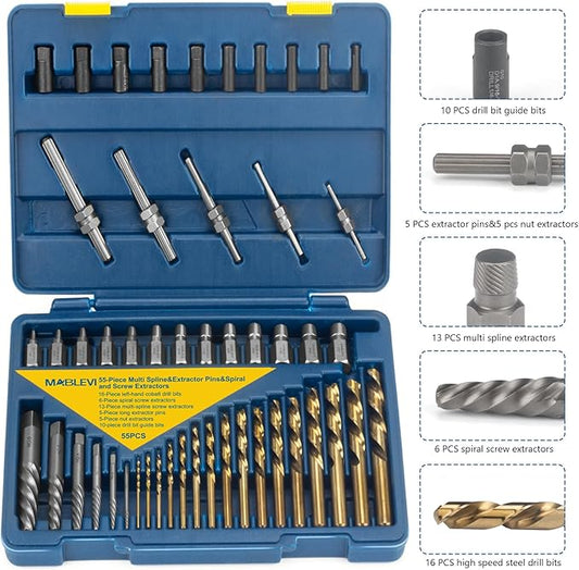 MABLEVI 55-Piece Screw Extractor Set, Broken Bolt extractors & Multi-Spline Extractors, and Drill Bits for Removing Stripped Screws, Studs, Fittings, Lugs Extraction