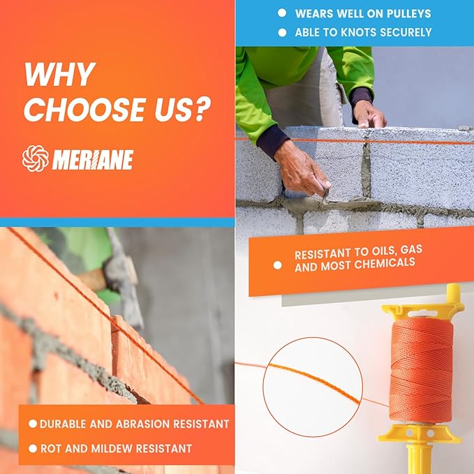 MERIANE Mason Line w/Reloadable Line Reel, 500FT Nylon String Line, 18# Braided Twine String for Masonry Job, Level Lines in Construction, Gardening, Fluorescent Orange