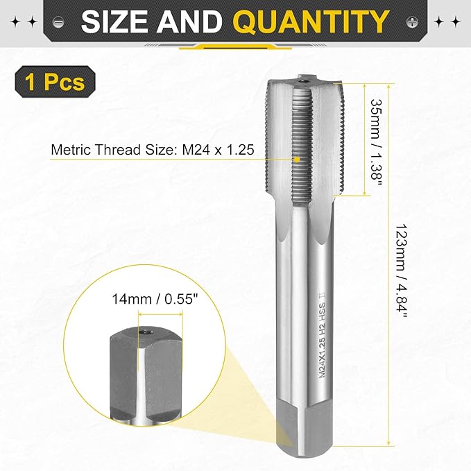 uxcell Hand Plug Tap M24 x 1.25 H2 Metric Thread Plug Style Taps Straight Flute Screw Tapping Threading Tool High Speed Steel HSS6542