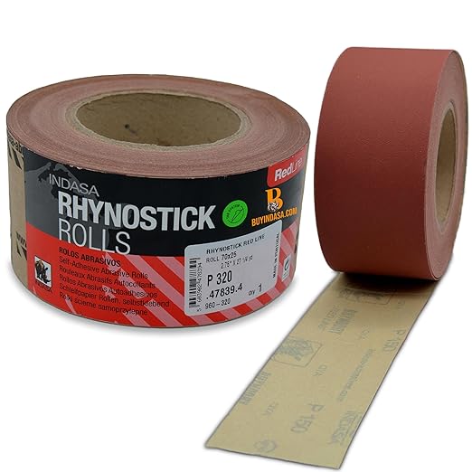 Indasa 2.75" PSA Sandpaper Roll Rhynostick - 27 Yard 120-Grit Long Continuous Roll, Self-Adhesive Stickyback Sand Paper for Woodworking, Automotive, Metal, Aluminum Oxide Plus Lubricant, Redline