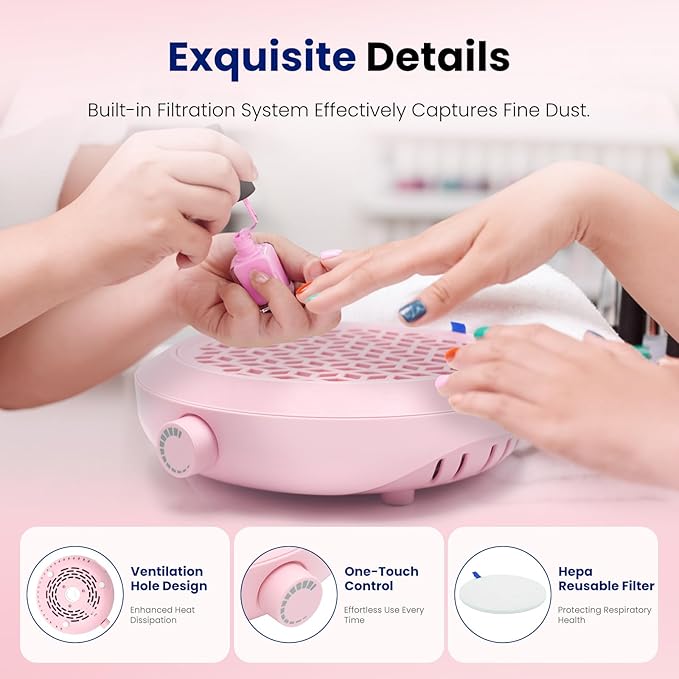 Pink Nail Dust Collector Quiet, Mini Portable Nail Vacuum Dust Collector Nails Tech Ventilation System With Reusable Filter And Duster, 4500 Rpm Nails Fan For Acrylic Gel, Magnetic Design.