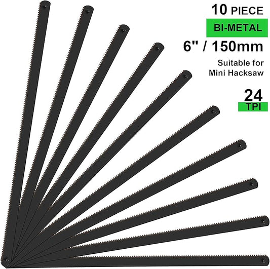 10 Pc Professional High Speed Steel Mini Hacksaw Blades, 6" / 150mm Bi-Metal HSS Blades, 24TPI, Suitable for Mini/Primary Hacksaw Frame, Cuts Wood, Metal, Plastic, PVC, Aluminum, Copper, Brass