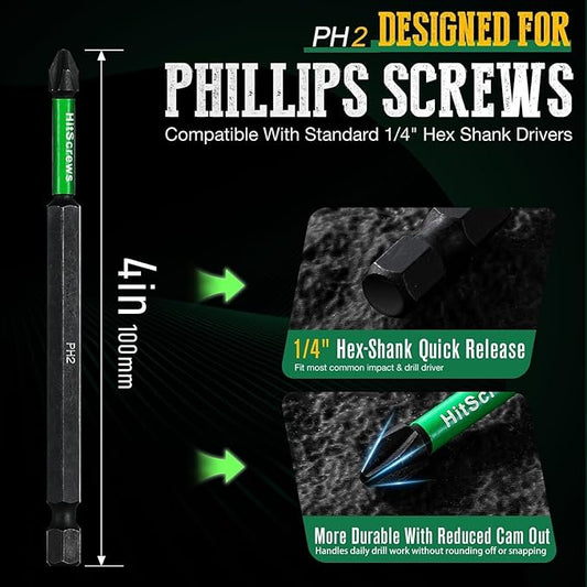 PH2 Phillips Bits #2 ??10 Pack 4" Extra Long Impact Driver Bits,S2 Steel Magnetic Screwdriver Bits for Power Tools and Screw Guns