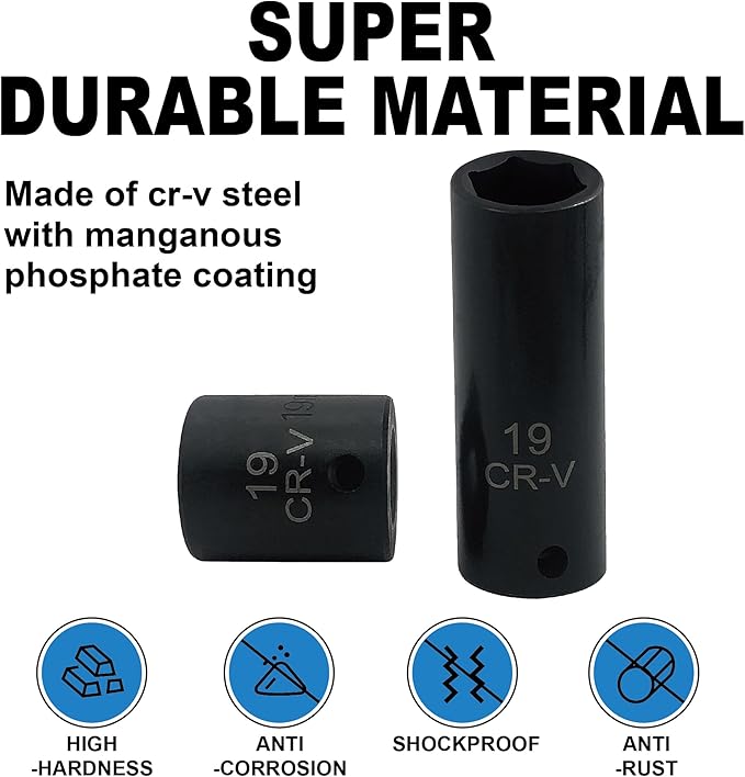 26pcs 3/8" Impact Socket Set, Deep & Standard Socket, Metric 7mm to19mm, 6-Point, Cr-V Steel