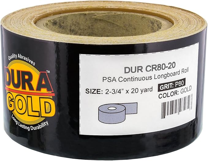 Dura-Gold Premium Gold 80 Grit PSA Longboard Sandpaper, 20 Yard Roll, 2-3/4" Wide, Self Adhesive Stickyback, Woodworking & Automotive Sandpaper Roll, Air File Sand Paper, Auto Sanding Blocks