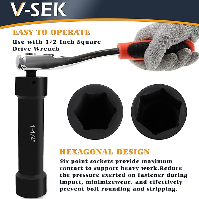 6.75 Inch Long Extended Length Impact Socket Set 1/2 Inch Drive Extra Deep Sockets Heavy Duty Steel With Hex Sizes 3/4" 7/8" 15/16" 1-1/16" 1-1/8" 1-1/4" for High Torque Use 6PCS