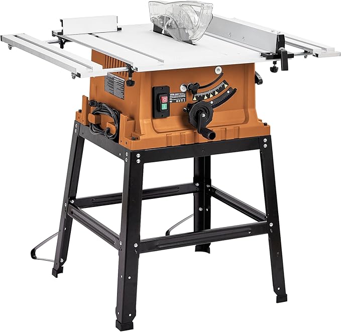 Table Saw, 10 Inch 15A Multifunctional Saw With Stand & Push Stick, 90° Cross Cut & 0-45° Bevel Cut, 5000RPM, Adjustable Blade Height for Woodworking, Orange
