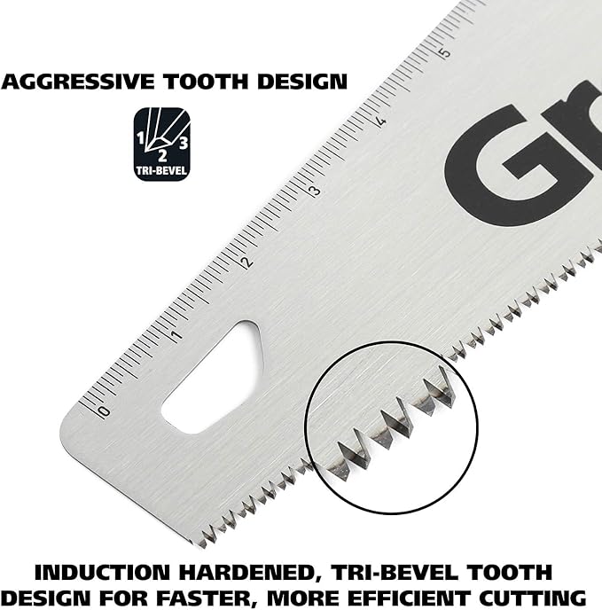 15 Inch Handsaw, Aggressive Tooth Hand Saw for Wood Cutting, Alloy Steel 9 TPI Blade, Anti-Slip Composite Handle, Ruler on Blade for Accurate Cuts, GreatNeck 74001 Hand Saw