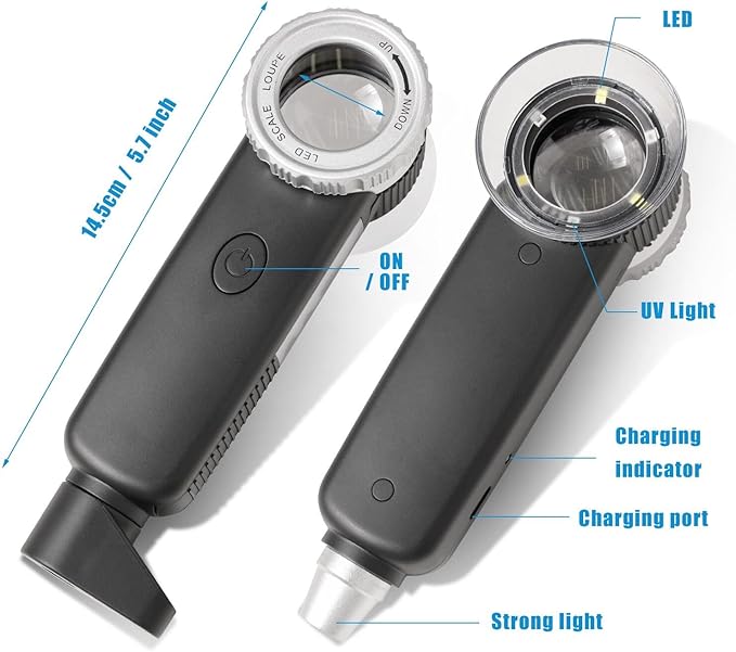 30X Jewelry Loupe with 7 Light, USB Rechargeable Foldable Handheld Magnifying Glass with Jade Appraisal Flashlight for Jewelry Appraisal, Coins, Gemstones