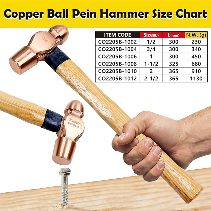 WEDO Copper Ball Peen Hammer 24 oz(1-1/2lb), Ball Pein Hammer with Wooden Handle, Length 325mm(13"), Die-Forged, Corrosion Resistant, DIN Standard