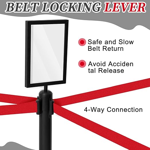 Therwen 6 Pack Heavy Duty Crowd Control Stanchions 9.8 ft Stainless Steel Stanchion Set with Safety Barrier Post Retractable Belt and Sign Holder Crowd Control Barrier(Red Belt, Black)
