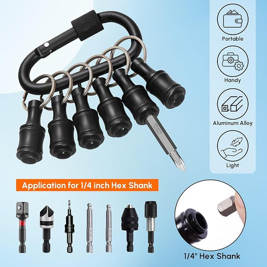 12 Pack 1/4" Hex Bit Holder Key chain - Aluminum Alloy Quick Release Bit Holders with Carabiner for Drill, Screwdriver & Impact Driver - Portable Tool Gift for Men (Black)