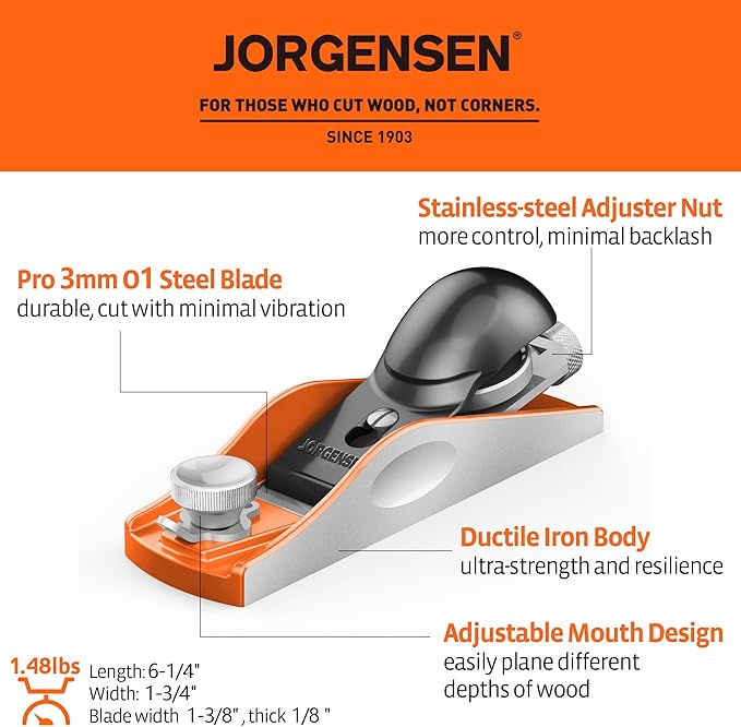 JORGENSEN NO.60-1/2 6-1/4" Wood Planer, Hand Planer for Woodworking, Low Angle Block Plane, Small Hand Plane for Trimming, Wood Planing, Craft - Professional Ductile Iron Body, Adjustable Mouth