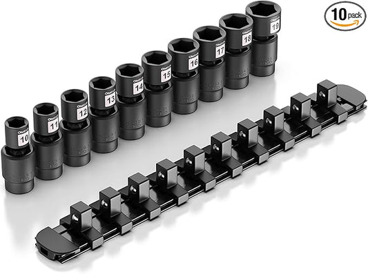Olsa Tools Swivel Impact Socket Set, 3/8" Drive Metric - Pinless Universal Joint Sockets - Impact Swivel Socket Set - Drop-Forged Cr-Mo High Torque Wobble Sockets with Rail - Part: 1759