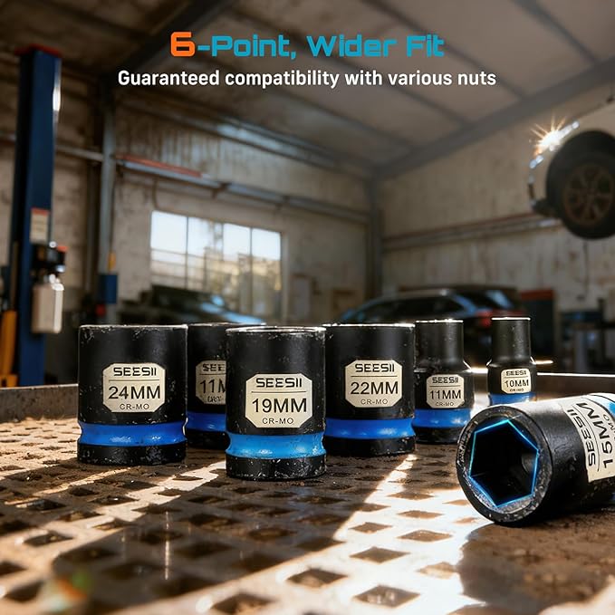 1/2 Inch Drive Impact Socket Set, 11-Piece Metric (10-24mm), Professional Chromoly Steel (CR-MO), 6-Point Shallow Sockets for Impact Wrench, Automotive Repair & General Mechanic Tools