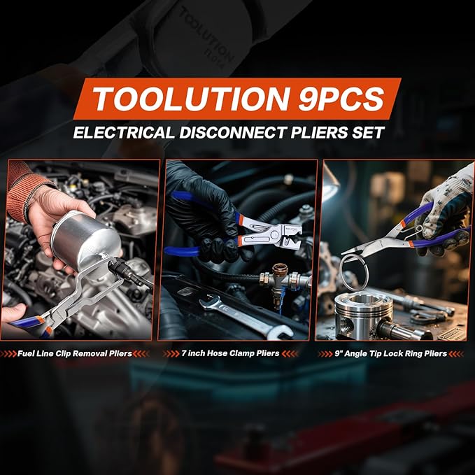 9-Piece Hose Clamp, Hose Clamp, Fuel Line, Electrical Disconnect & Snap Ring Pliers Kit with Internal/External Circlip Pliers, C Clip Lock Ring Tools, Ergonomic Non-Slip Handles