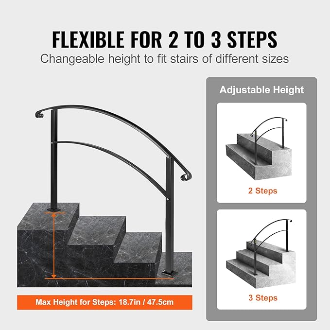 VEVOR Adjustable Metal Staircase Handrail for Outdoor Steps, 2-3 Steps Black Arch#1, Thickened Stair Railings for Porch, Deck