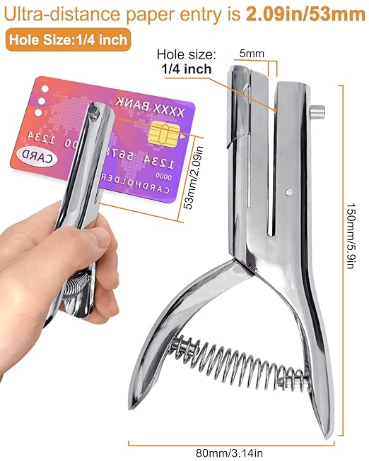 Hole Punch 1/4 Inch, Heavy Duty Single Hole Punch, Paper Card Portable Handheld Long Hole Puncher Single 2 Inch Reach Deep for PVC Paper ID Cards Plastic Cardboard (1/4"-6mm Hole)