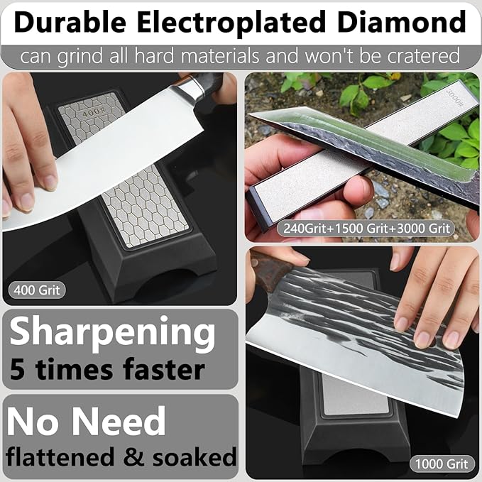 Diamond Sharpening Stone Set, Knife Sharpener Stone, 2 Side Grit 400/1000, 240/1500/3000 Grit Portable Hone Sharpener, Diamond Plate Honing Stone, 2 Sizes Whetstone Tool with Non-Slip Base
