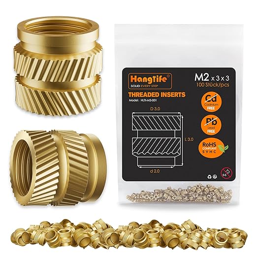 HANGLIFE Heat-Set Threaded Inserts, M2 Heat Set Insert for 3D Printing Components and Plastic Parts - Brass Metric Knurled Nuts (100 Pieces)