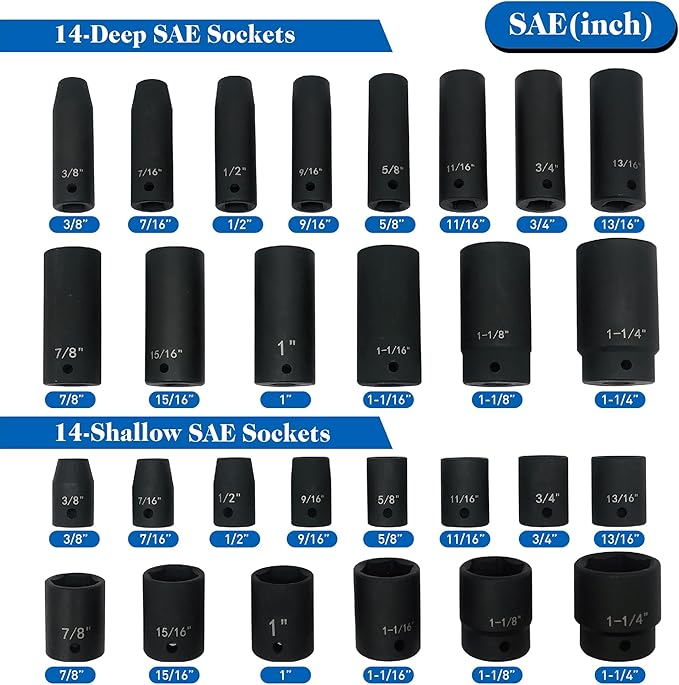 MacWork 65-Piece Impact Socket Set, 1/2-Inch Drive, SAE and Metric Sizes, CR-V Alloy Steel, Deep and Shallow Sockets with Accessories
