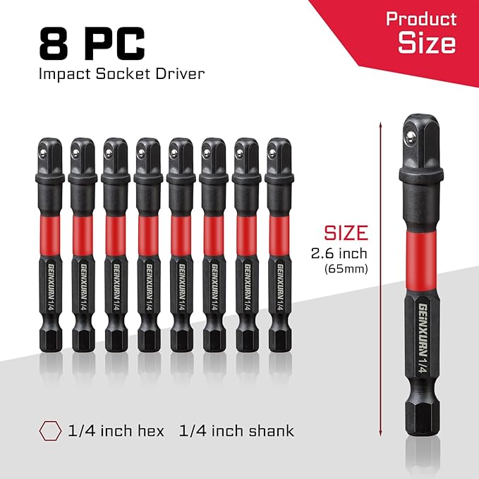 8Pcs Impact Socket Adapter Set,1/4" Drive Square, 2.5Inches Extension Bit Socket Driver Set, Adapt Your Power Drill to High Torque Impact Wrench