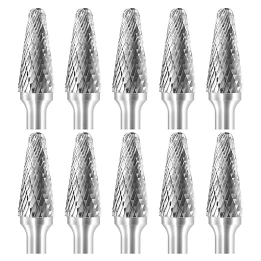 SL-3 Tungsten Carbide Burr Rotary File Taper Shape with Radius End Double Cut with 1/4" Shank for Die Grinder Drill Bit - 10Pcs