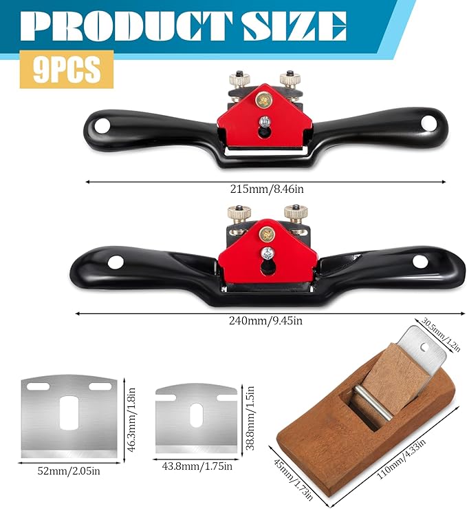 2pcs Adjustable SpokeShave with Flat Base 6pcs Metal Blade 1pcs Wood Hand Plane Home Woodworking for Wood Craft Working, Woods Craver