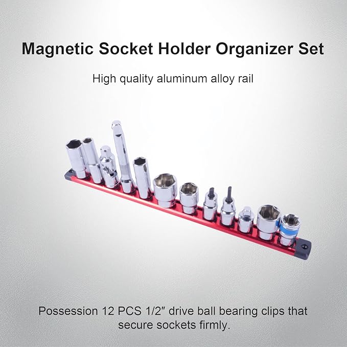 Magnetic Socket Holder Organizer Set:1/2-Inch Drive Socket Trays Socket, 360째 Swivel 12 Clips Socket Holder Kit, For Automotive Mechanic Garage (Red)