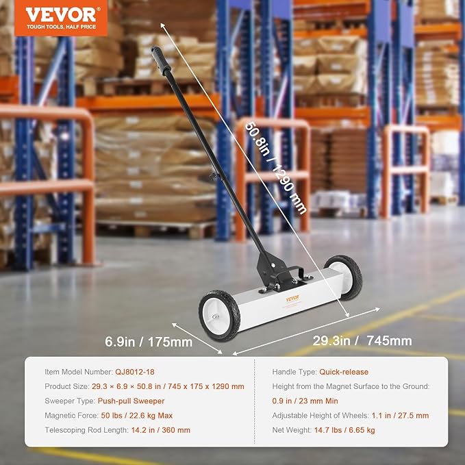 VEVOR 50Lbs Rolling Magnetic Sweeper with Wheels, 24-inch Large Magnet Pickup Lawn Sweeper with Telescoping Handle, Push-Type Magnetic Pick Up Sweeper, Easy Cleanup of Workshop Yard Garage
