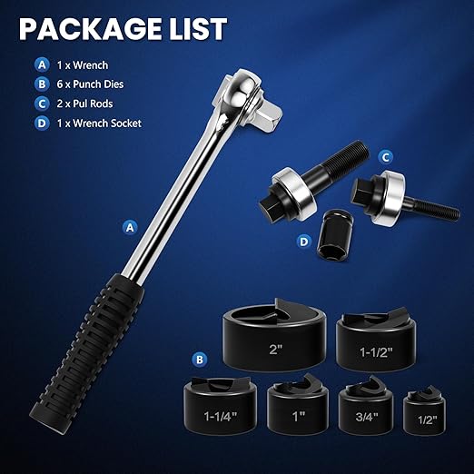 Knockout Punch Kit, 6 Size (7/8" to 2-7/16") Forged Alloy Steel, Conduit Hole Punch Set with 3/4" to 2" NPT Adapters, High Hardness for Electrical Metallic Conduits