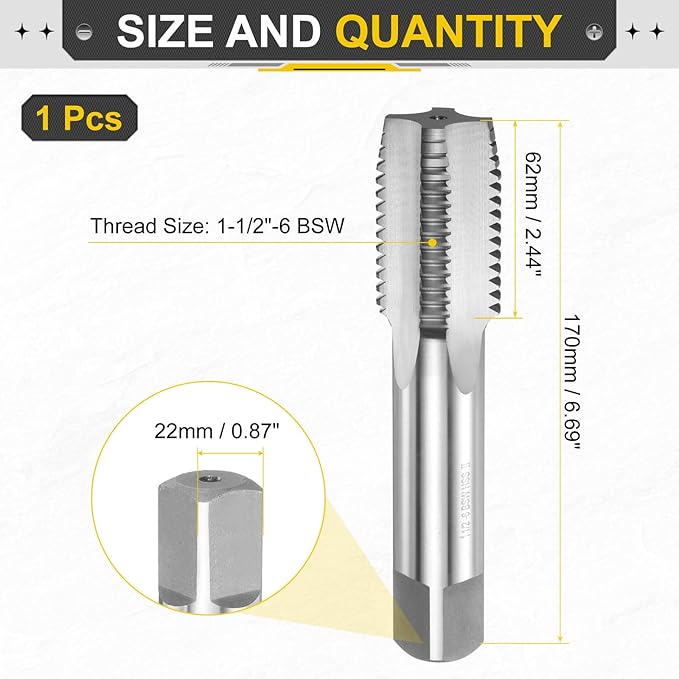 uxcell Hand Plug Tap 1-1/2"-6 BSW 2B Thread Plug Style Taps Straight Flute Screw Tapping Threading Tool High Speed Steel HSS6542
