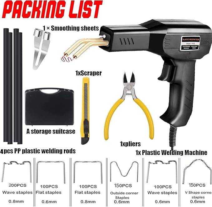 Plastic Welder,2 in 1 Plastic Welding Repair Kit with 1000pcs Hot Staples,4pcs Plastics Welding Rods,knife,Plier, Hot Staples Weld Gun Repair Kit for Car Bumper And Most Plastics(Black)