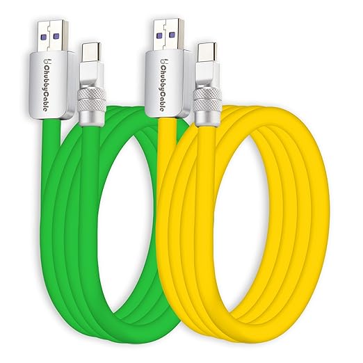 chubbycable Couple Chubby 2-Pack 120W USB C Cable Extra Thick Silicone Fast Charging Cable Compatible with iPhone 17-15 Series iPad Galaxy Series, Green+Yellow, USB-A to Type-C, 8.2FT