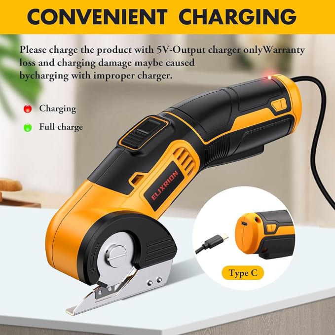 Cordless Electric Scissors Rotary Cutter with 2 Blades & Storage Bag | 4V 2000mAh Rechargeable | Heavy Duty for Cardboard Fabric Carpet Leather | Lightweight Portable (Yellow)