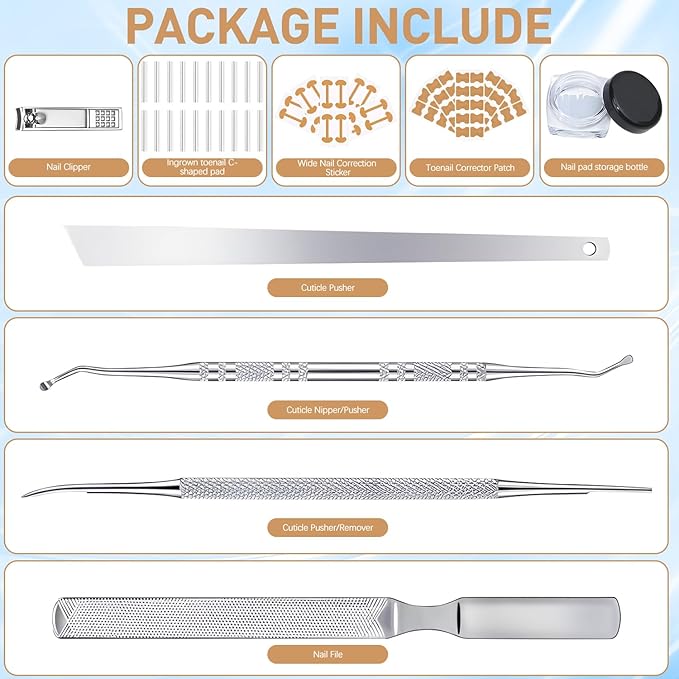 Professional Ingrown Toenail Set with Breathable Ingrown Toenail Strips, Curved Toenails Corrector Patch, Painless File and Lifter Pedicure Tools