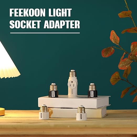 Feekoon 1 Pc Light Socket to Plug Adapter, Convert E26 Light Socket to 3 Prong Outlet Adapter, Screw in Outlet for Lamp Sockets for Garage Porch (White)