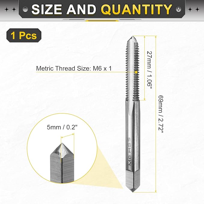 uxcell Hand Plug Tap M6 x 1 H2 Metric Thread Plug Style Taps Straight Flute Screw Tapping Threading Tool High Speed Steel HSS6542