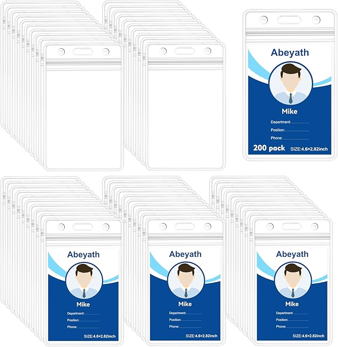 200 Pack Extra Thick ID Badge Holder Vertical Clear ID Card Holder with Waterproof Resealable Zip Name Tag Holder for Nurses, School and Office（ 2.25x3.5Inch）